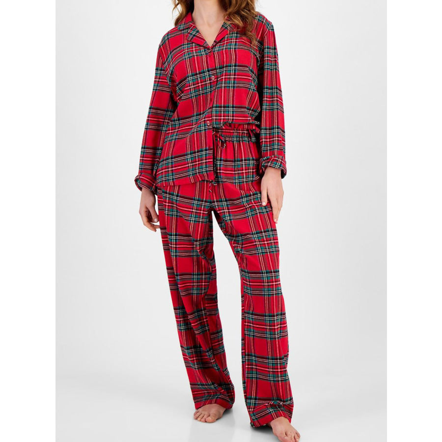 Plaid Collared Neck Button Up Top and Pants Lounge Set Deep Red / S Apparel and Accessories