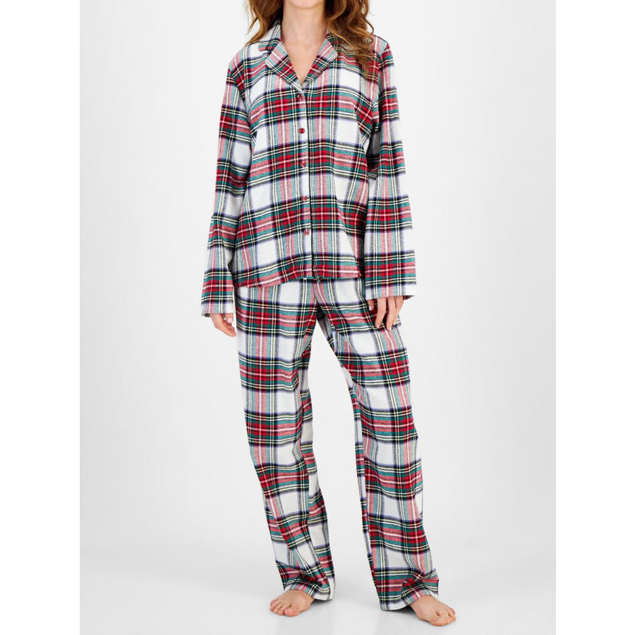 Plaid Collared Neck Button Up Top and Pants Lounge Set Light Gray / S Apparel and Accessories