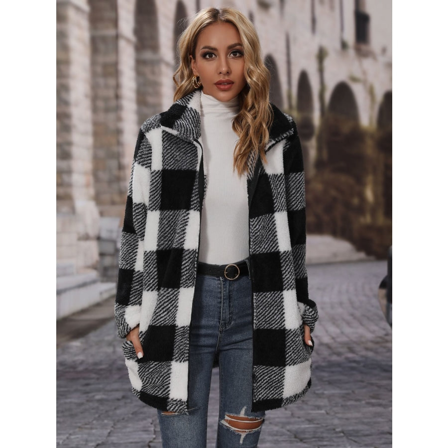 Plaid Collared Neck Coat with Pockets Black / S