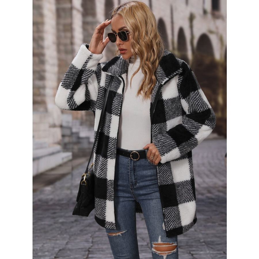 Plaid Collared Neck Coat with Pockets