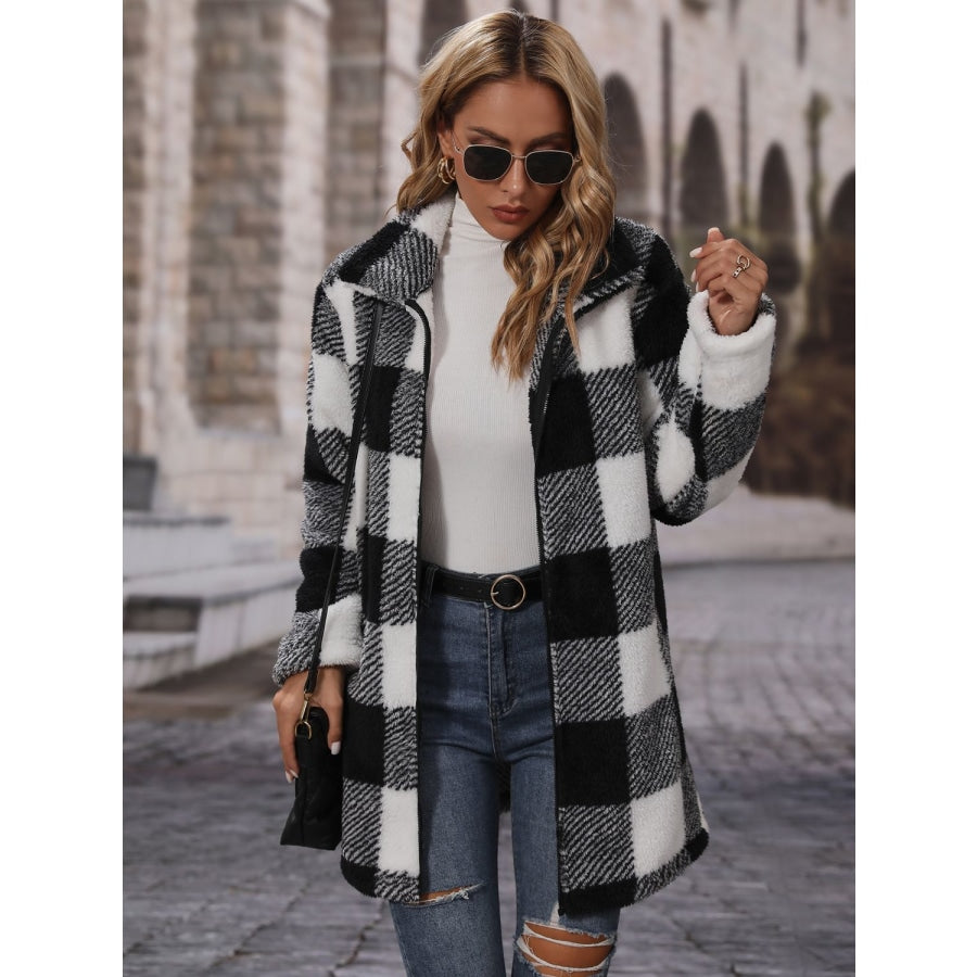 Plaid Collared Neck Coat with Pockets