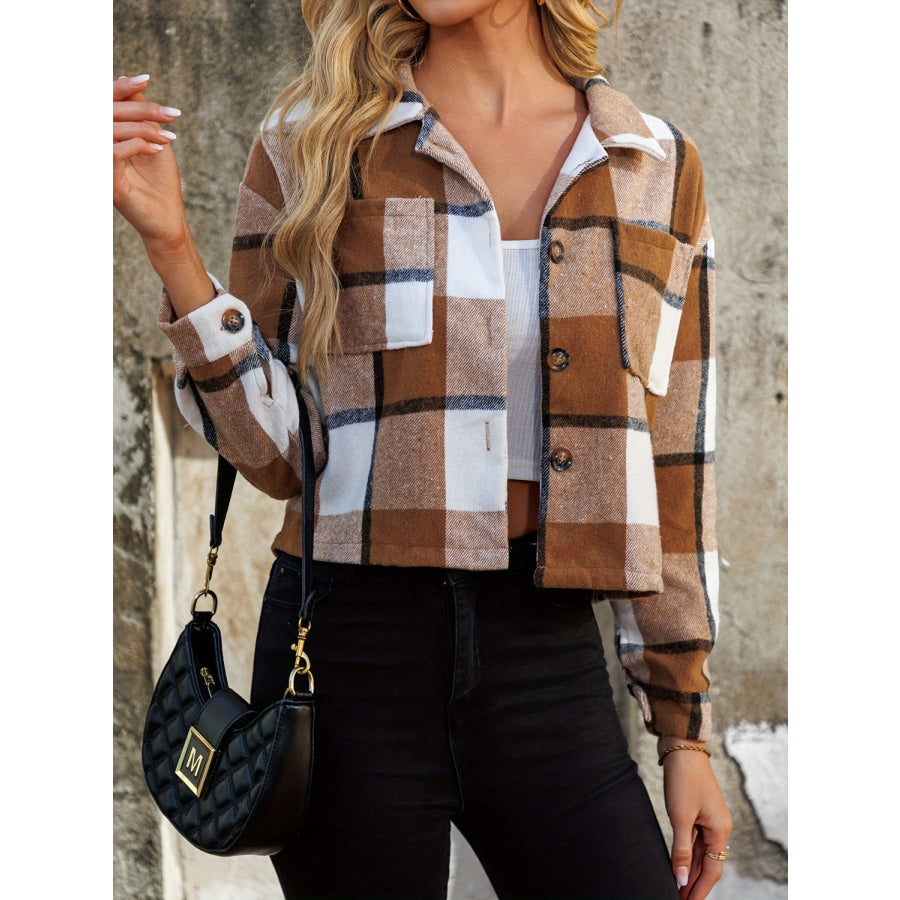 Plaid Collared Neck Cropped Jacket Apparel and Accessories