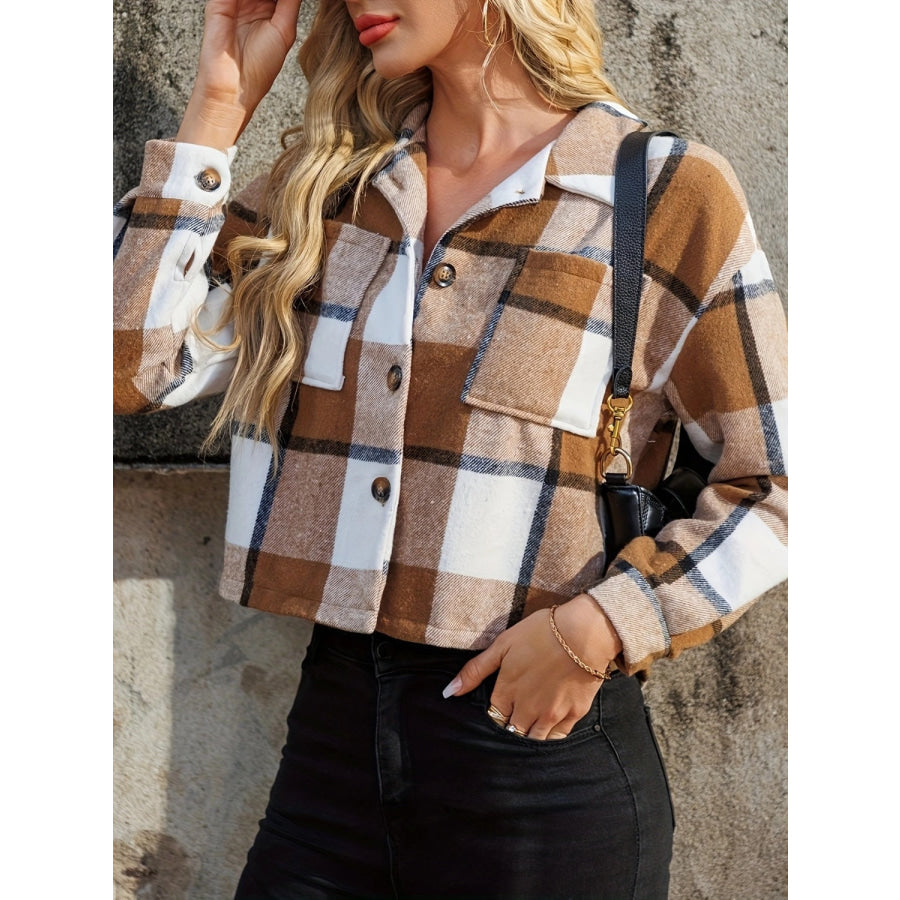 Plaid Collared Neck Cropped Jacket Apparel and Accessories