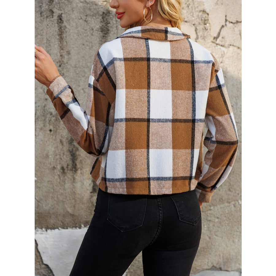 Plaid Collared Neck Cropped Jacket Apparel and Accessories