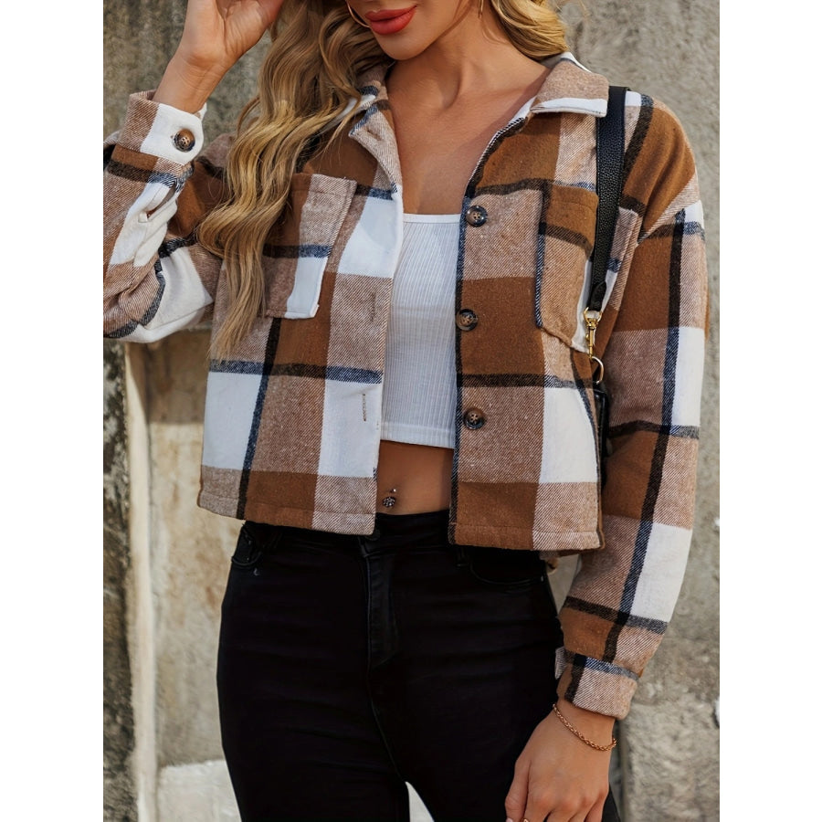 Plaid Collared Neck Cropped Jacket Caramel / S Apparel and Accessories