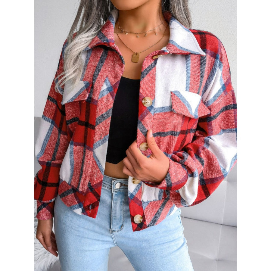 Plaid Collared Neck Drop Shoulder Jacket Deep Red / S