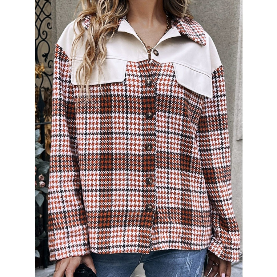 Plaid Collared Neck Drop Shoulder Jacket Deep Red / XS