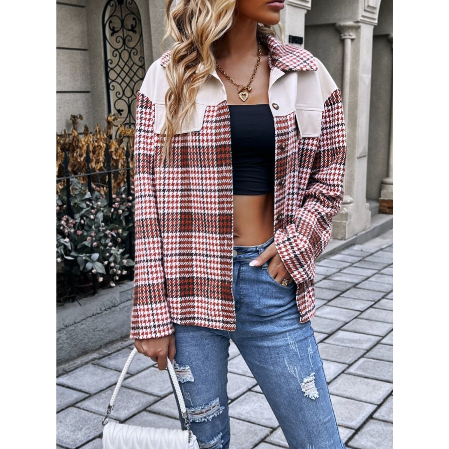 Plaid Collared Neck Drop Shoulder Jacket