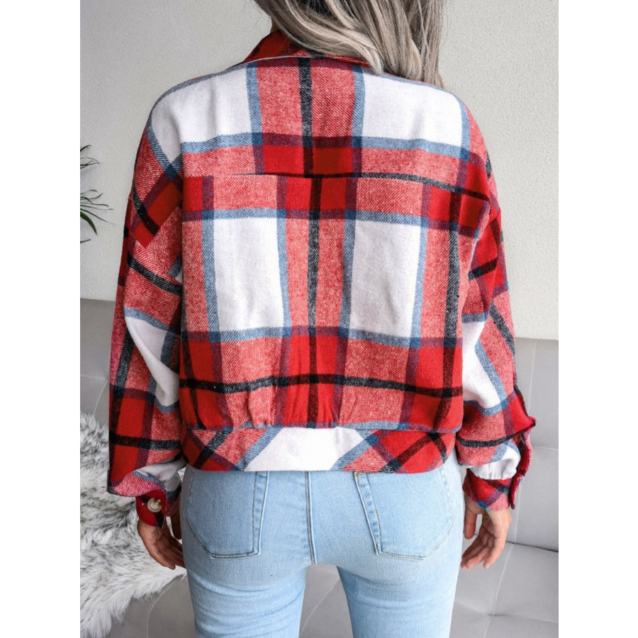 Plaid Collared Neck Drop Shoulder Jacket