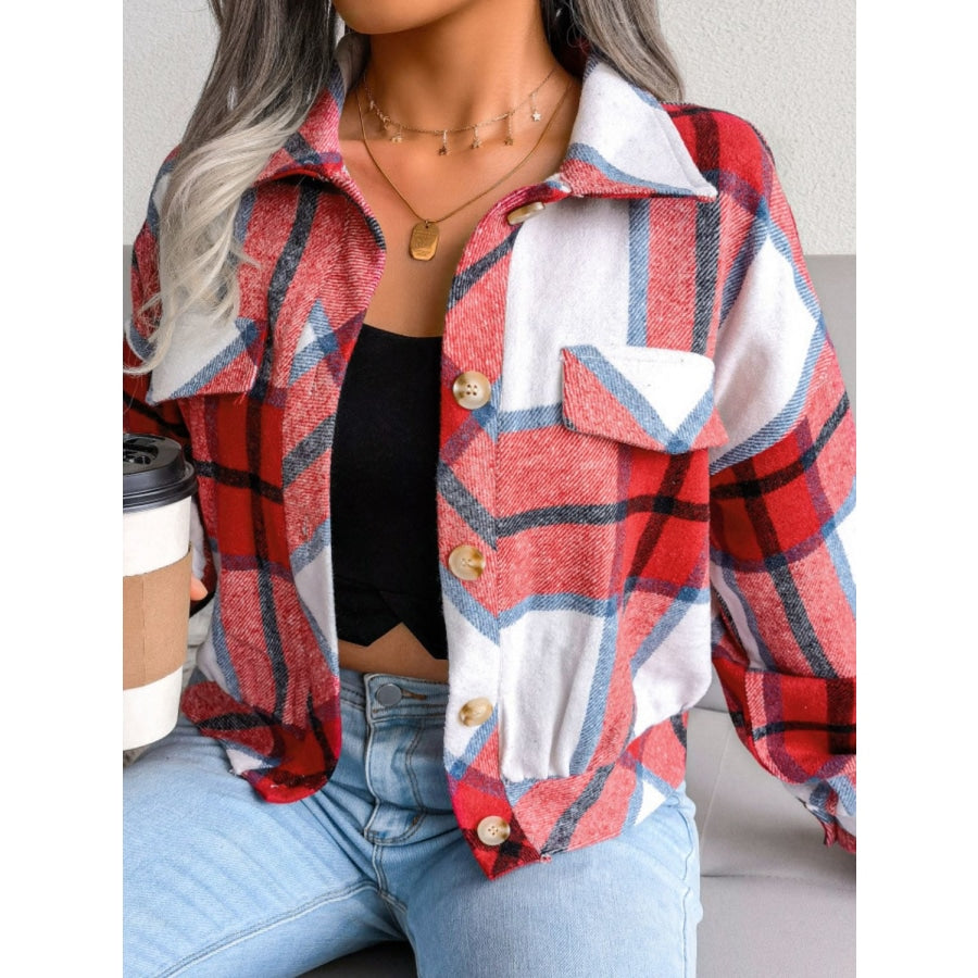 Plaid Collared Neck Drop Shoulder Jacket