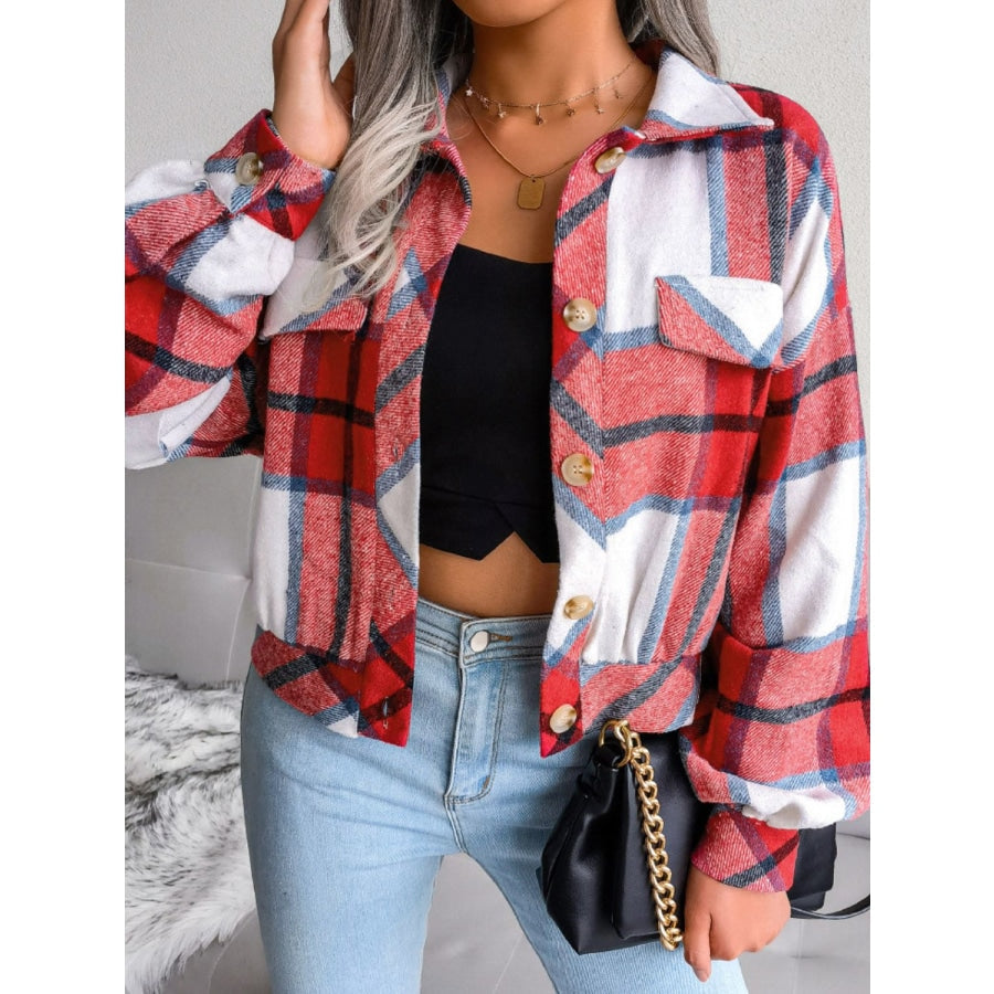 Plaid Collared Neck Drop Shoulder Jacket