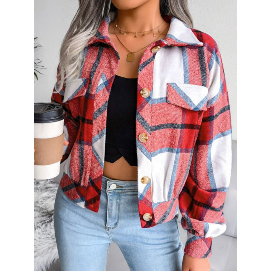 Plaid Collared Neck Drop Shoulder Jacket