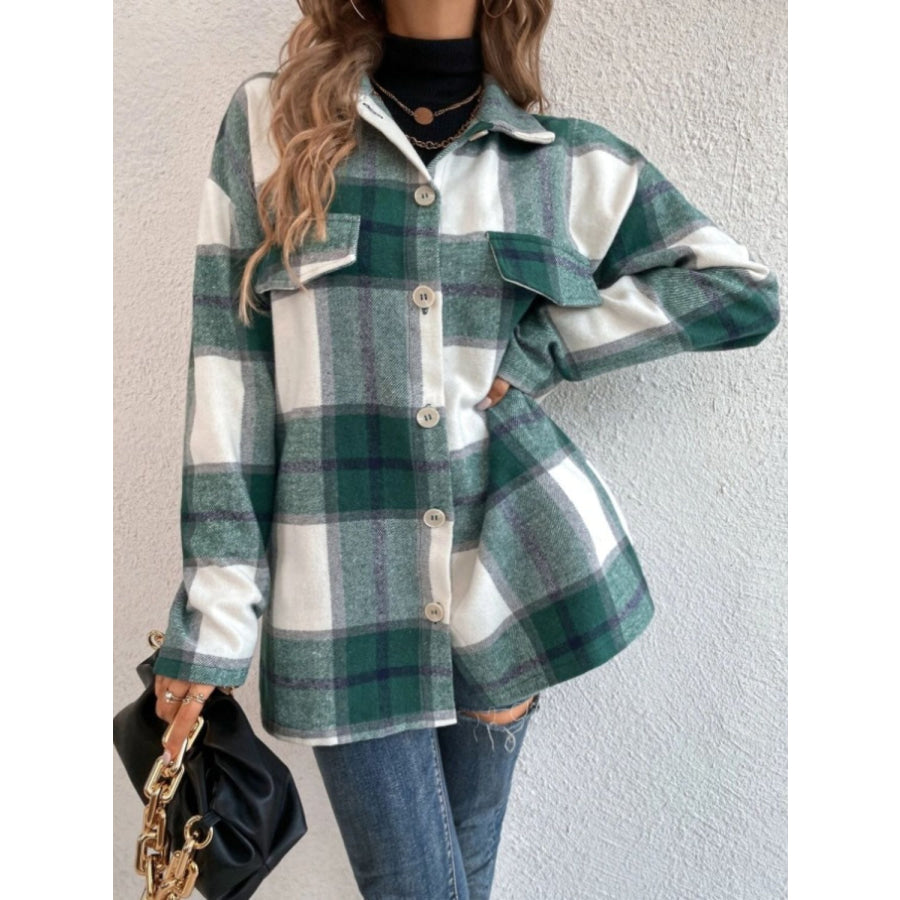 Plaid Collared Neck Dropped Shoulder Shacket Apparel and Accessories