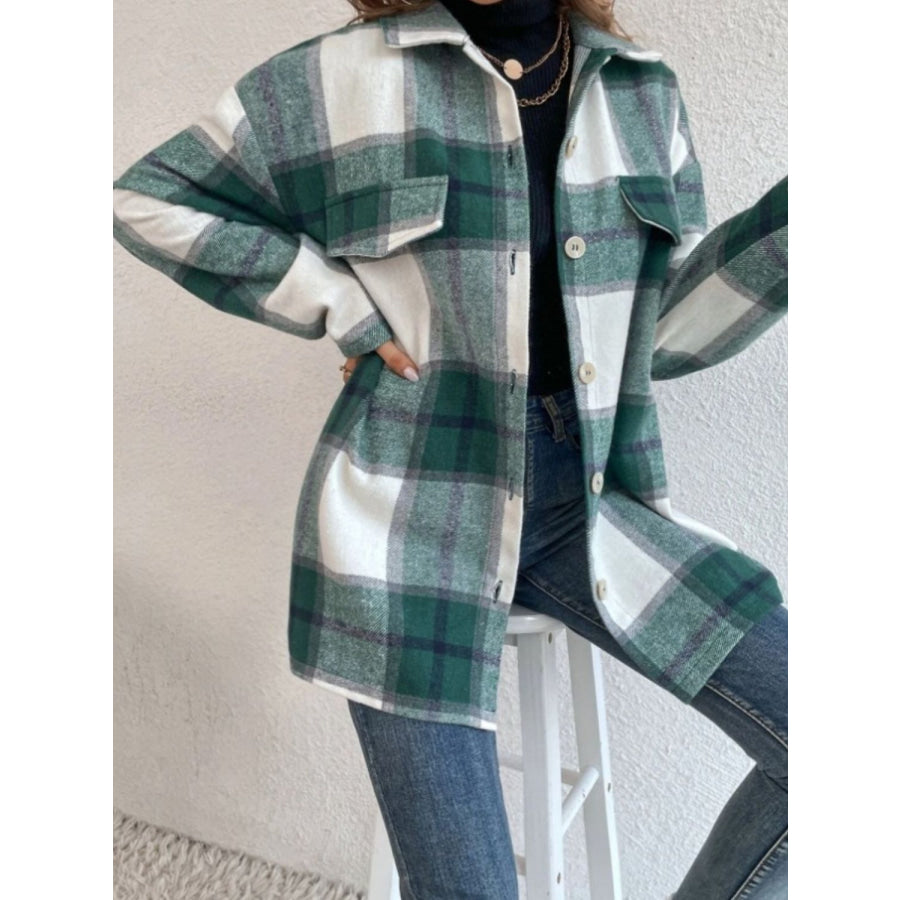 Plaid Collared Neck Dropped Shoulder Shacket Apparel and Accessories