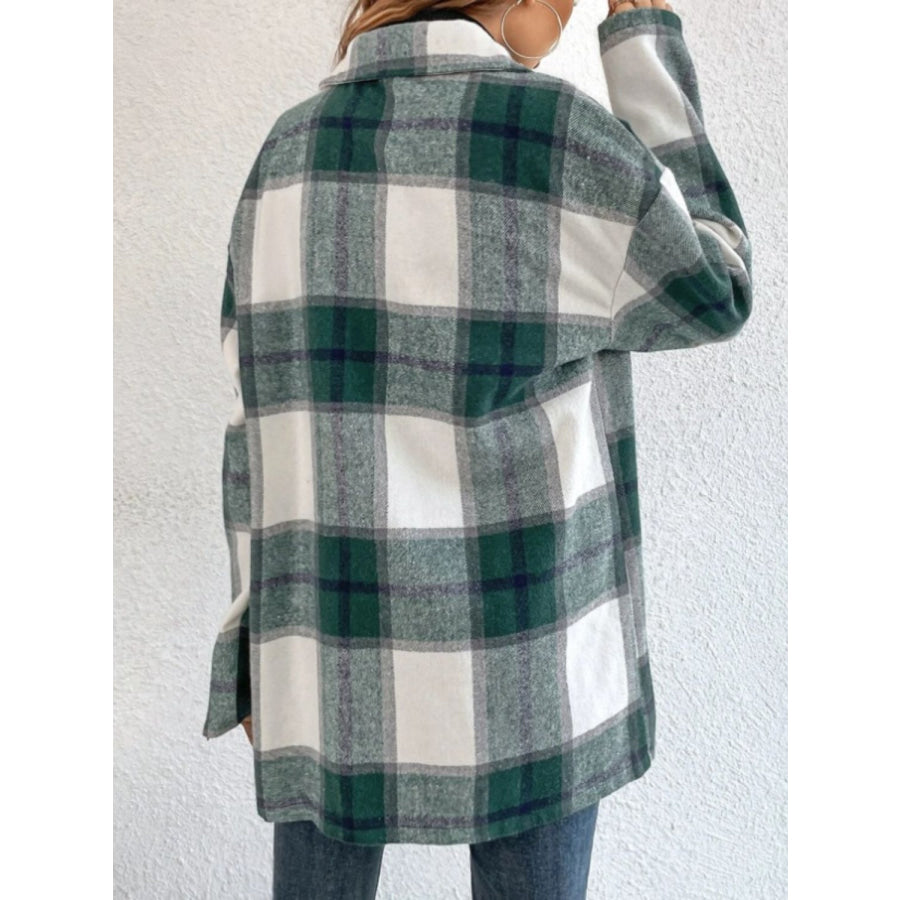 Plaid Collared Neck Dropped Shoulder Shacket Apparel and Accessories