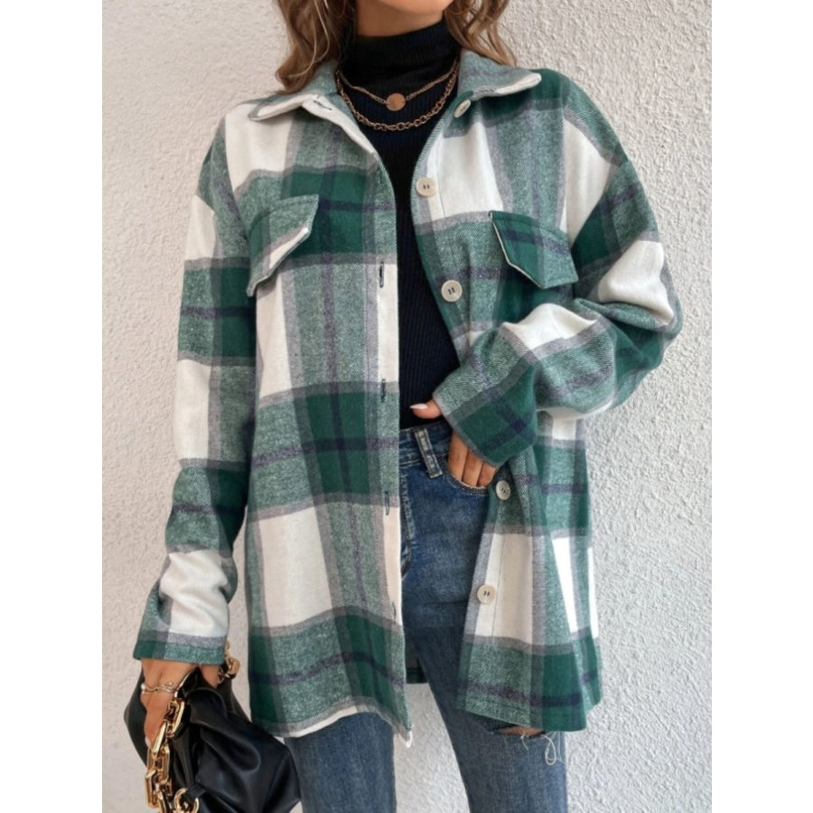 Plaid Collared Neck Dropped Shoulder Shacket Turquoise / S Apparel and Accessories