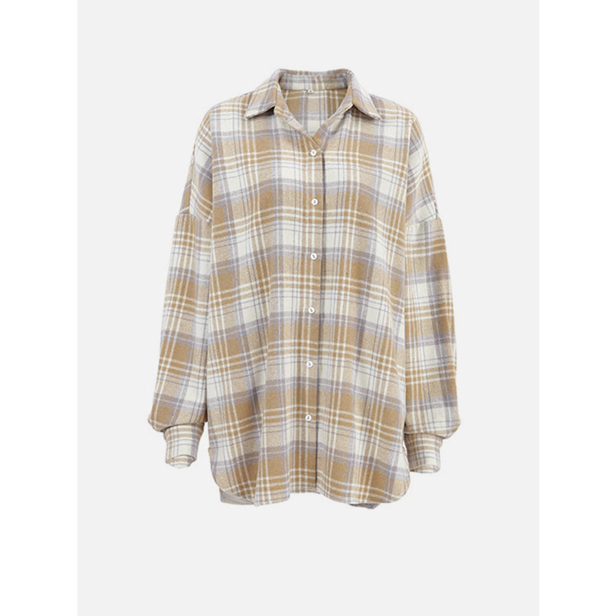 Plaid Collared Neck Dropped Shoulder Shirt Apparel and Accessories