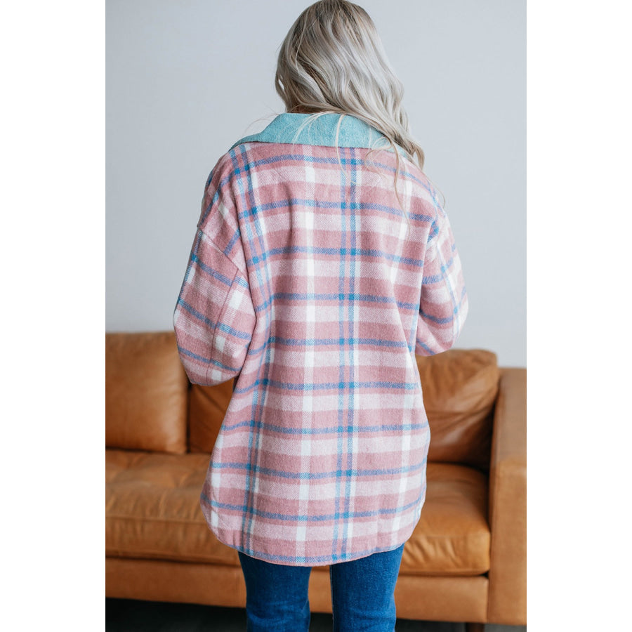 Plaid Collared Neck Flap Pockets Shacket Dusty Pink / S Apparel and Accessories