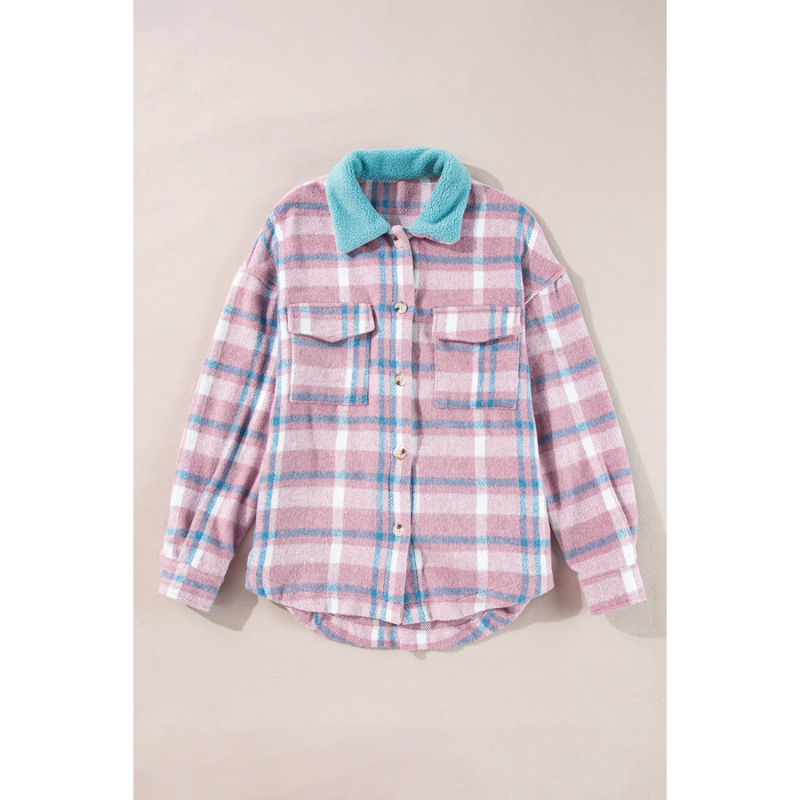 Plaid Collared Neck Flap Pockets Shacket Apparel and Accessories