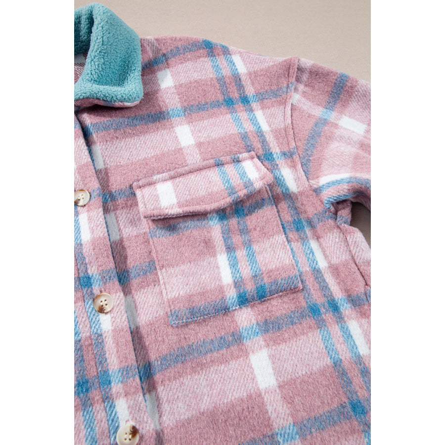 Plaid Collared Neck Flap Pockets Shacket Apparel and Accessories
