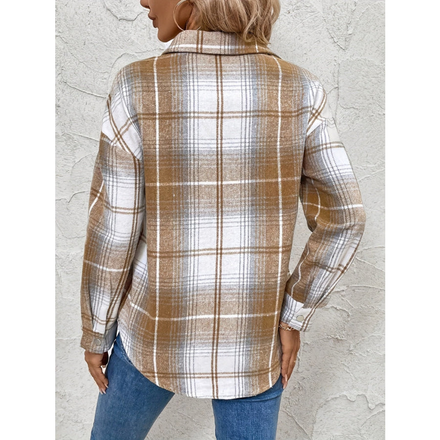 Plaid Collared Neck Half Zip Long Sleeve Top Apparel and Accessories