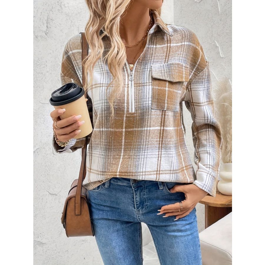 Plaid Collared Neck Half Zip Long Sleeve Top Apparel and Accessories