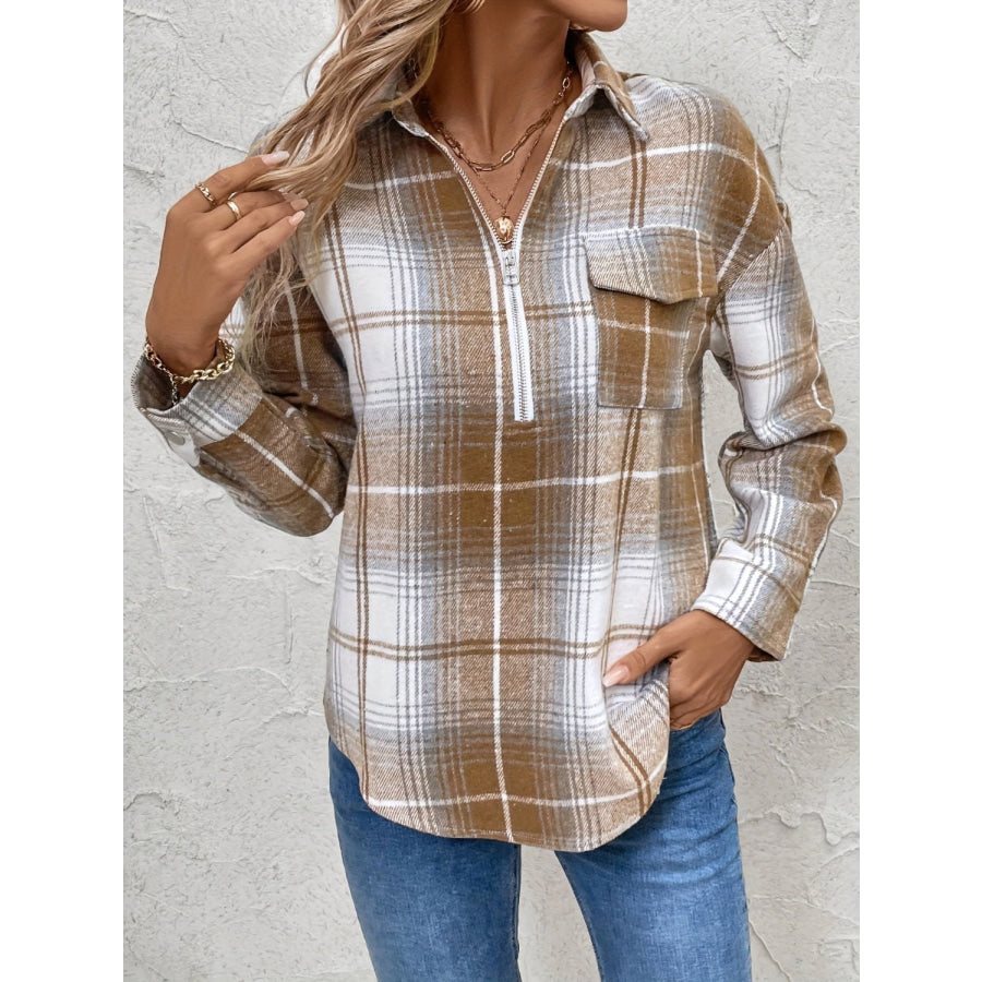 Plaid Collared Neck Half Zip Long Sleeve Top Apparel and Accessories