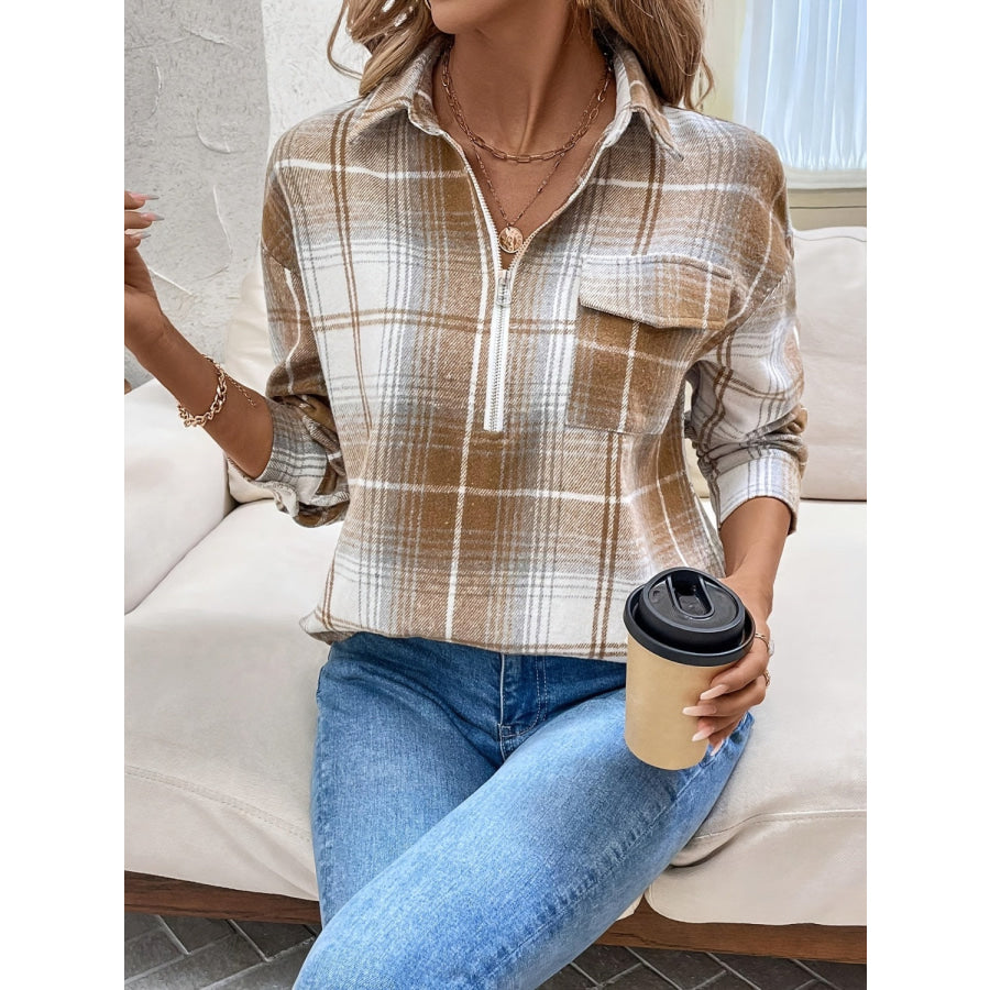 Plaid Collared Neck Half Zip Long Sleeve Top Apparel and Accessories