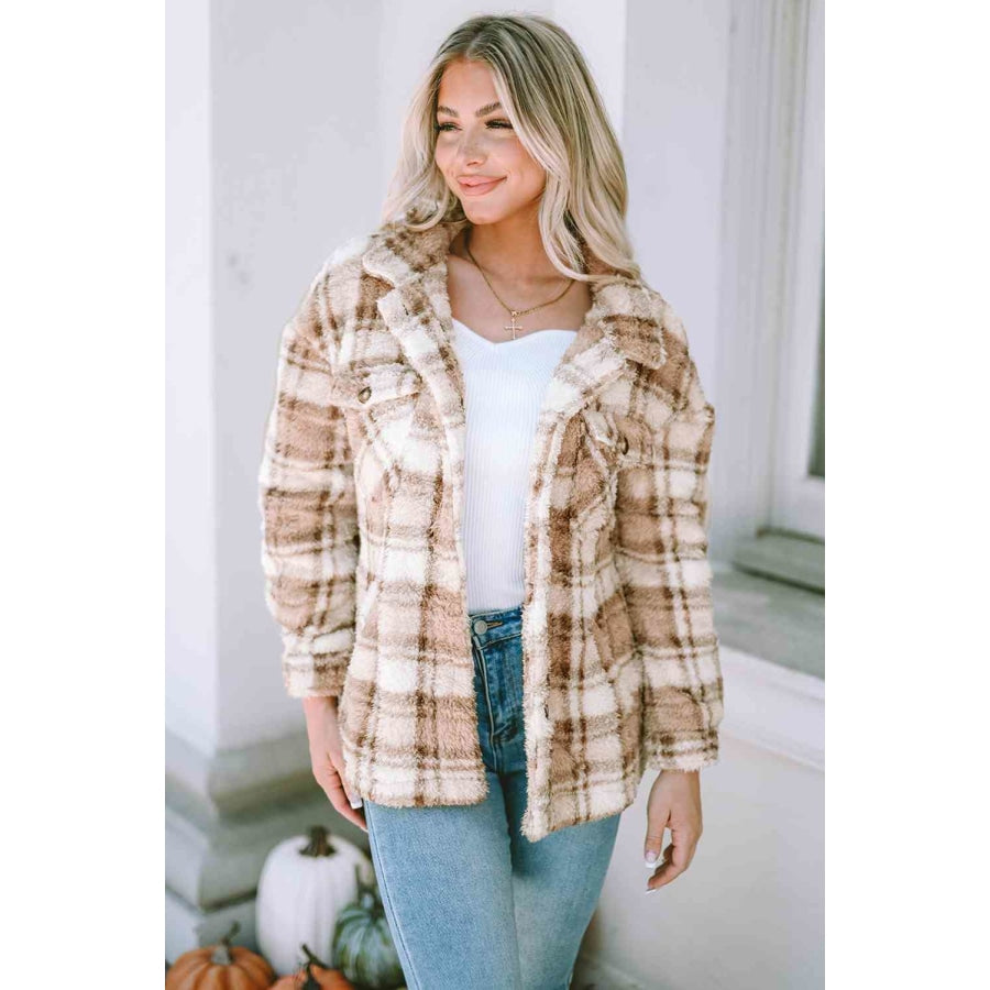 Plaid Collared Neck Jacket Tan / S