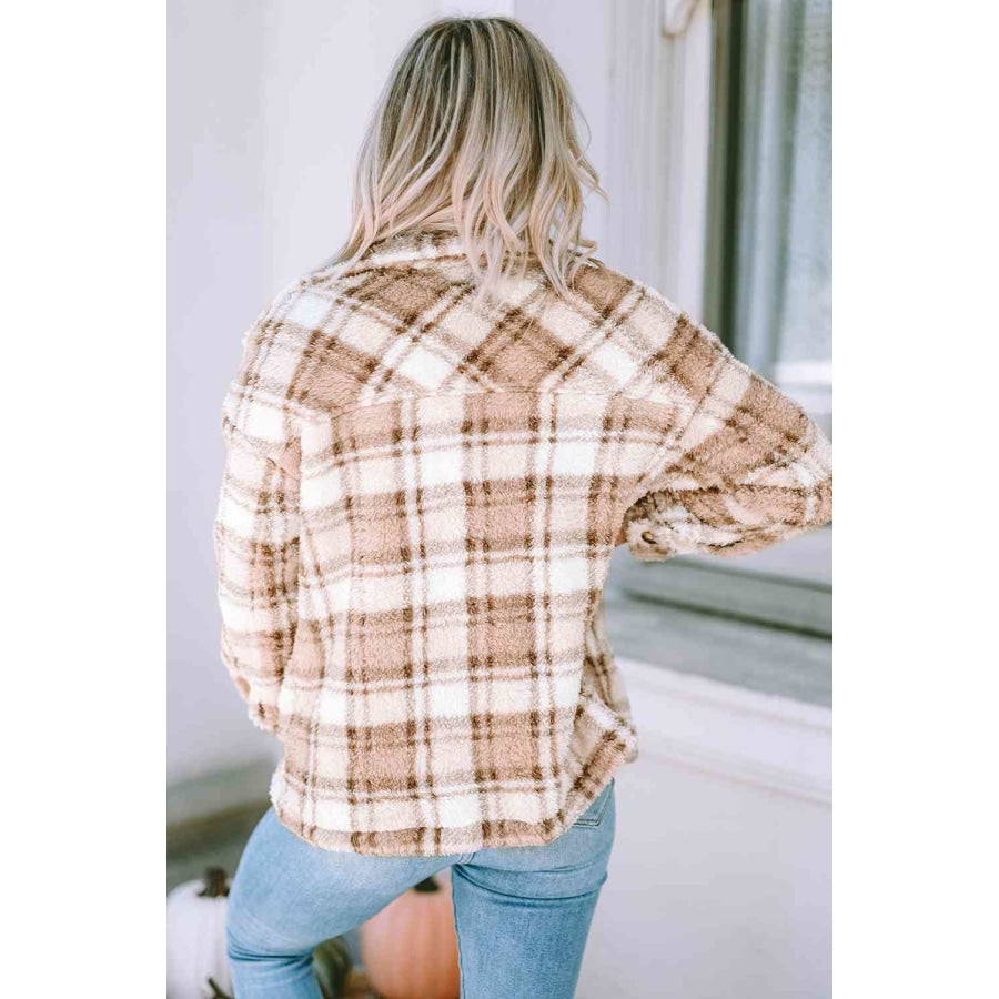 Plaid Collared Neck Jacket Tan / S