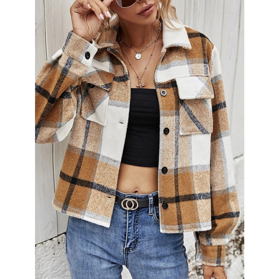 Plaid Collared Neck Jacket with Breast Pockets Camel / S