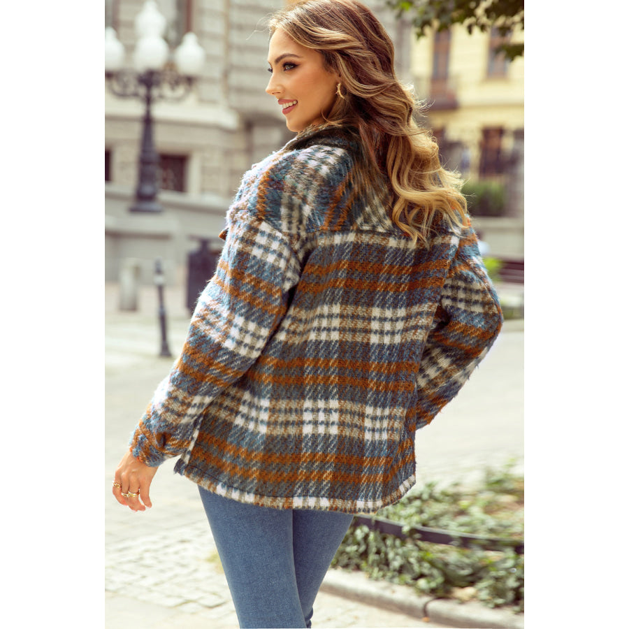 Plaid Collared Neck Jacket with Chest Pockets Apparel and Accessories