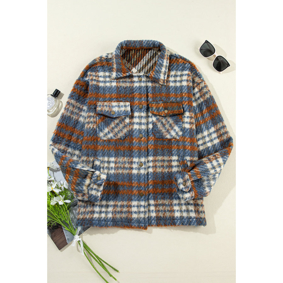 Plaid Collared Neck Jacket with Chest Pockets Apparel and Accessories