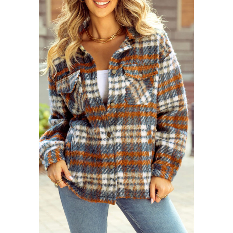 Plaid Collared Neck Jacket with Chest Pockets Brown / S Apparel and Accessories