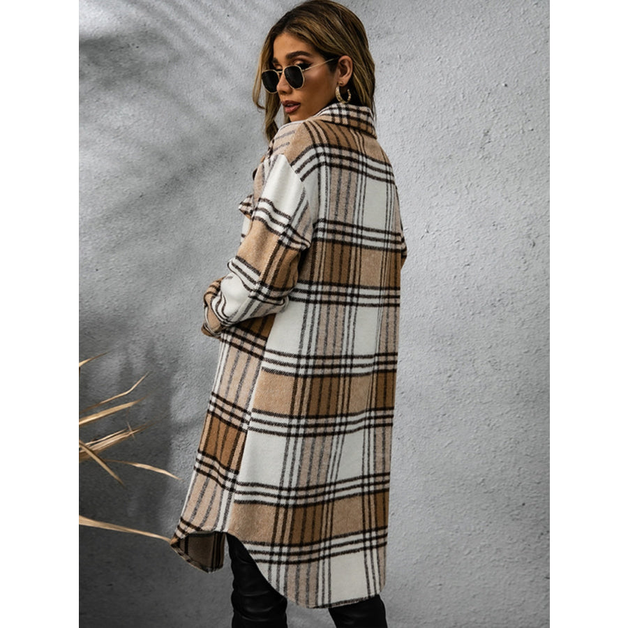 Plaid Collared Neck Long Sleeve Coat Apparel and Accessories