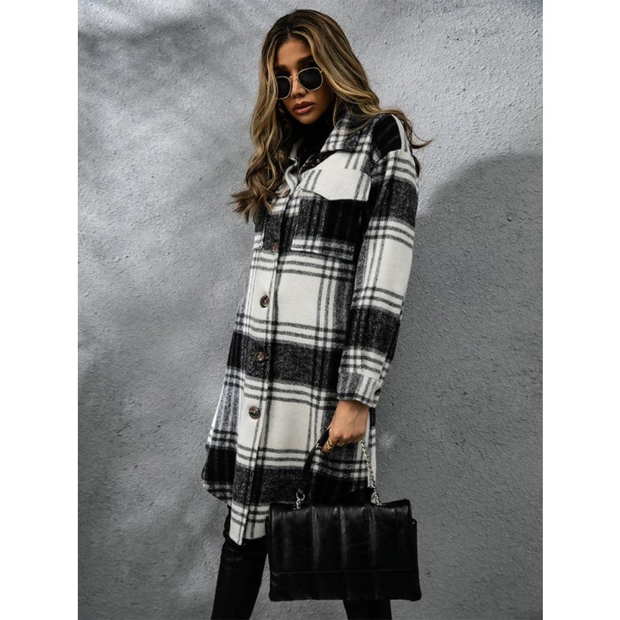 Plaid Collared Neck Long Sleeve Coat Apparel and Accessories