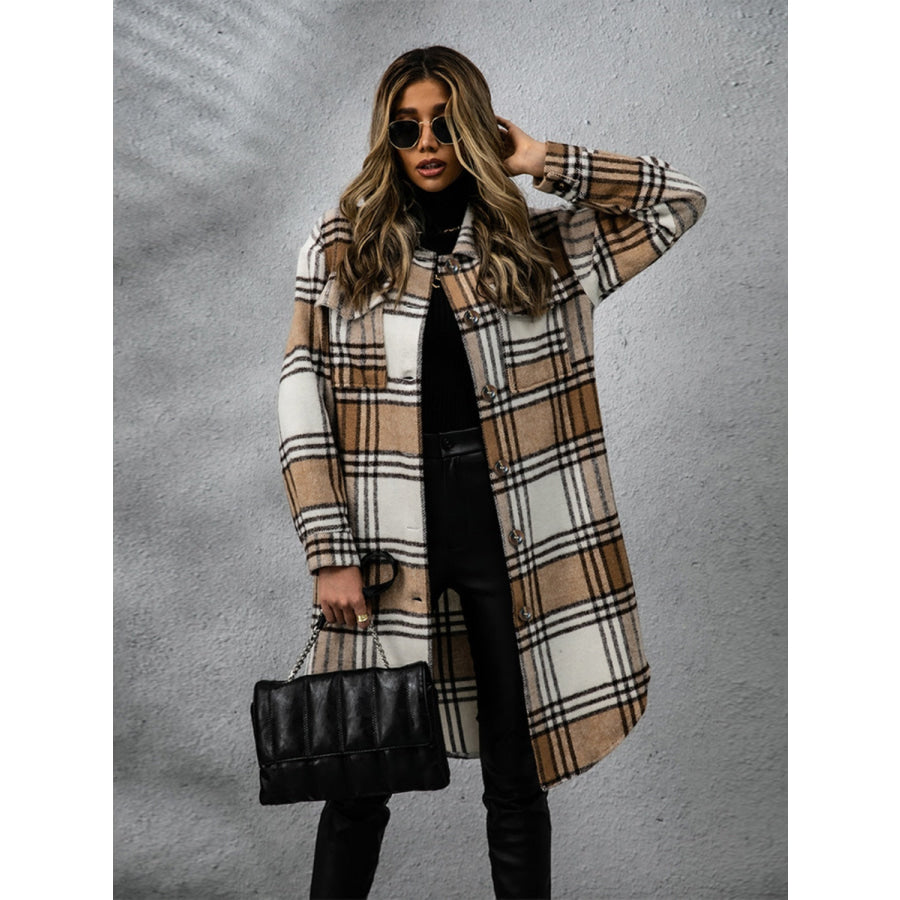 Plaid Collared Neck Long Sleeve Coat Apparel and Accessories