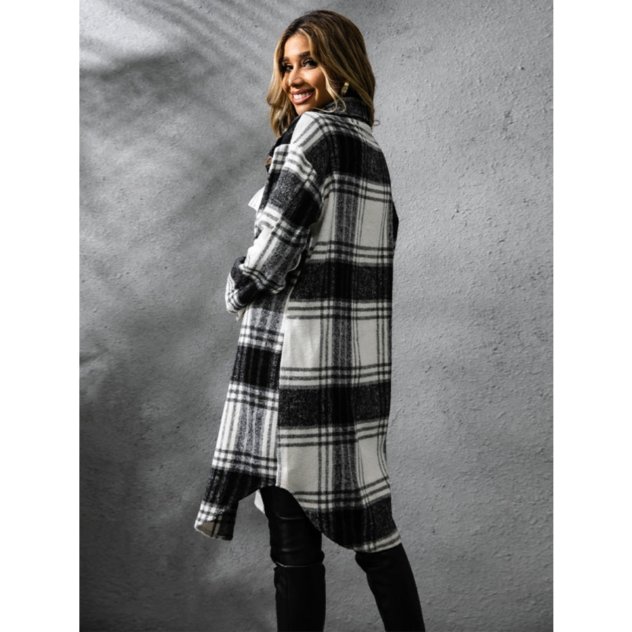 Plaid Collared Neck Long Sleeve Coat Apparel and Accessories