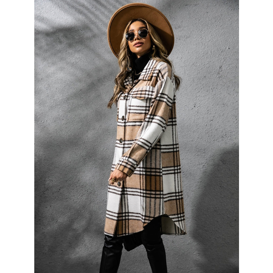 Plaid Collared Neck Long Sleeve Coat Apparel and Accessories