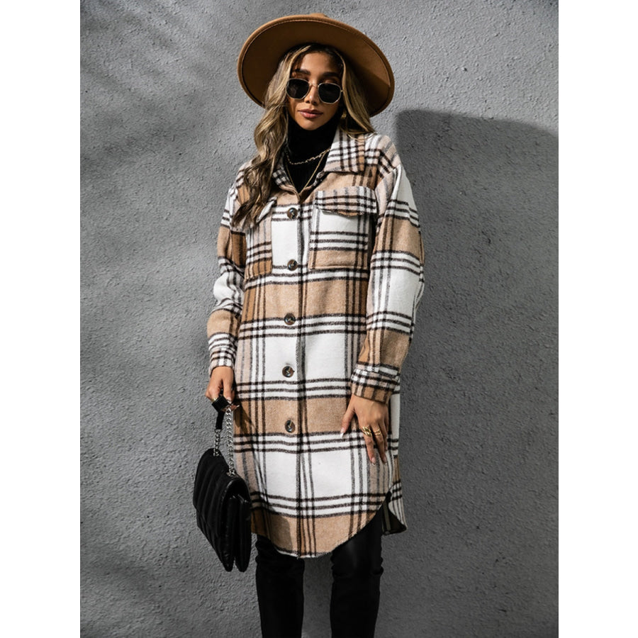 Plaid Collared Neck Long Sleeve Coat Apparel and Accessories