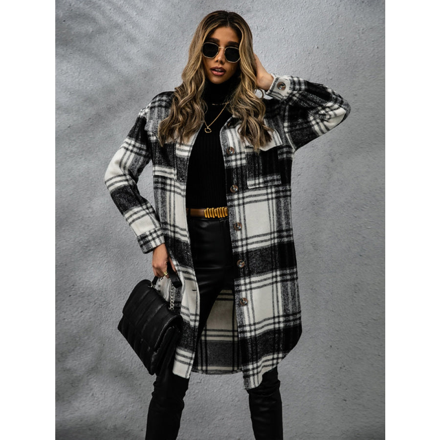 Plaid Collared Neck Long Sleeve Coat Apparel and Accessories