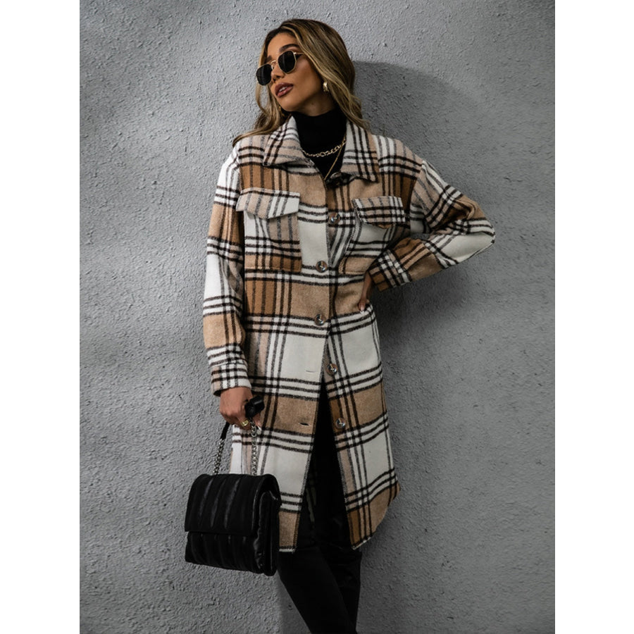 Plaid Collared Neck Long Sleeve Coat Apparel and Accessories