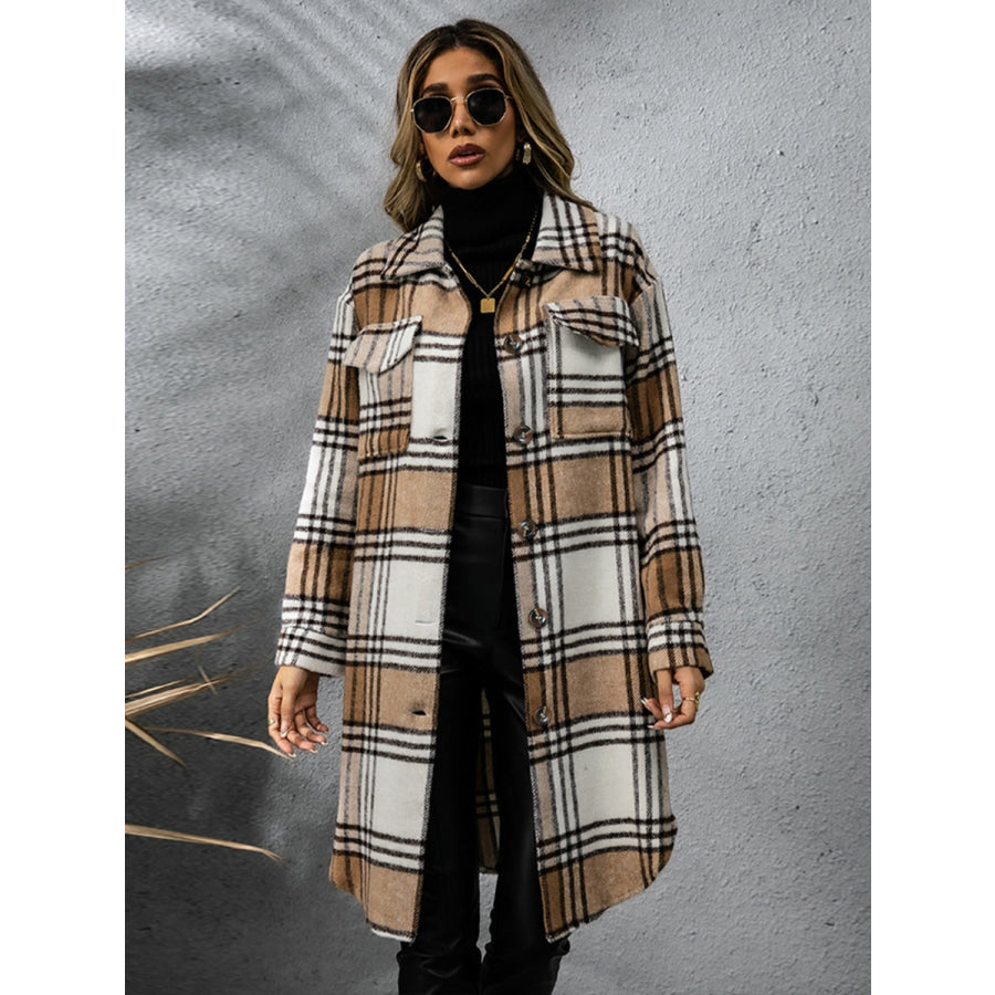 Plaid Collared Neck Long Sleeve Coat Apparel and Accessories