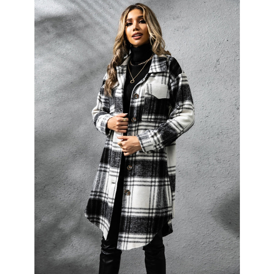 Plaid Collared Neck Long Sleeve Coat Apparel and Accessories