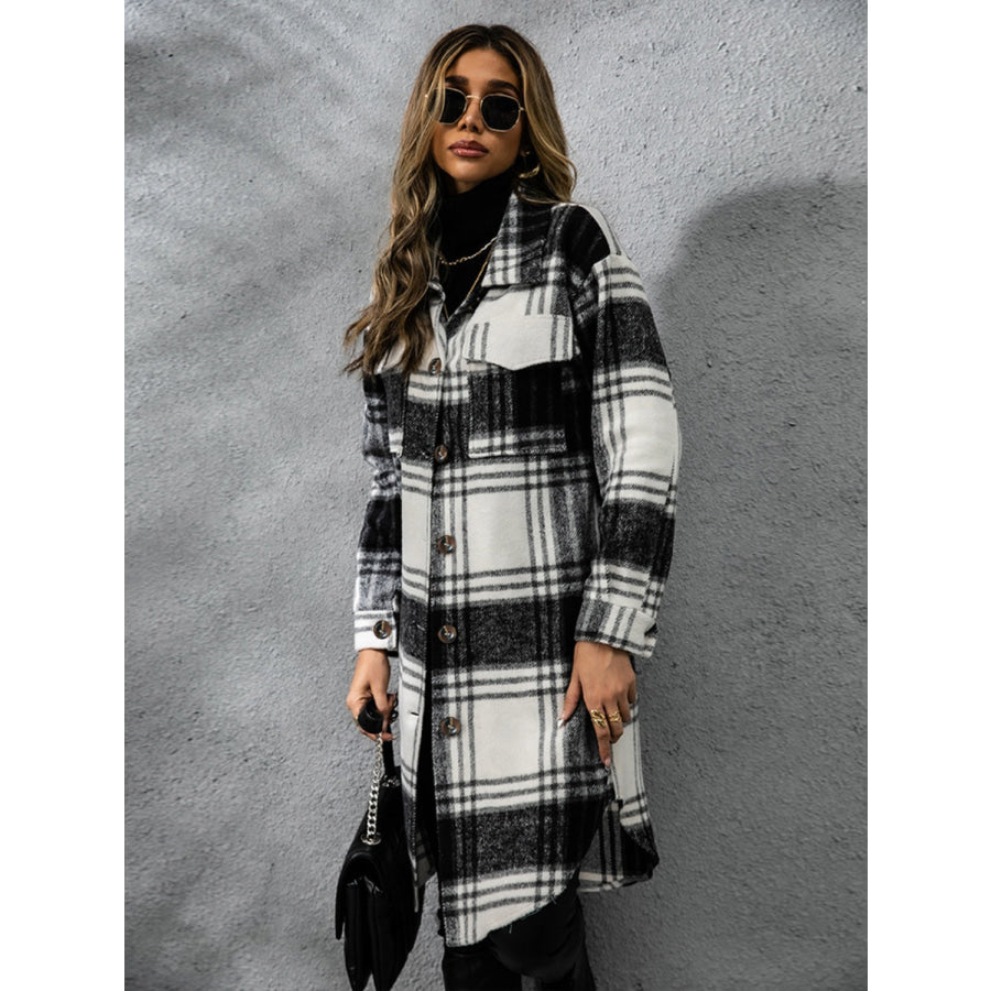 Plaid Collared Neck Long Sleeve Coat Apparel and Accessories