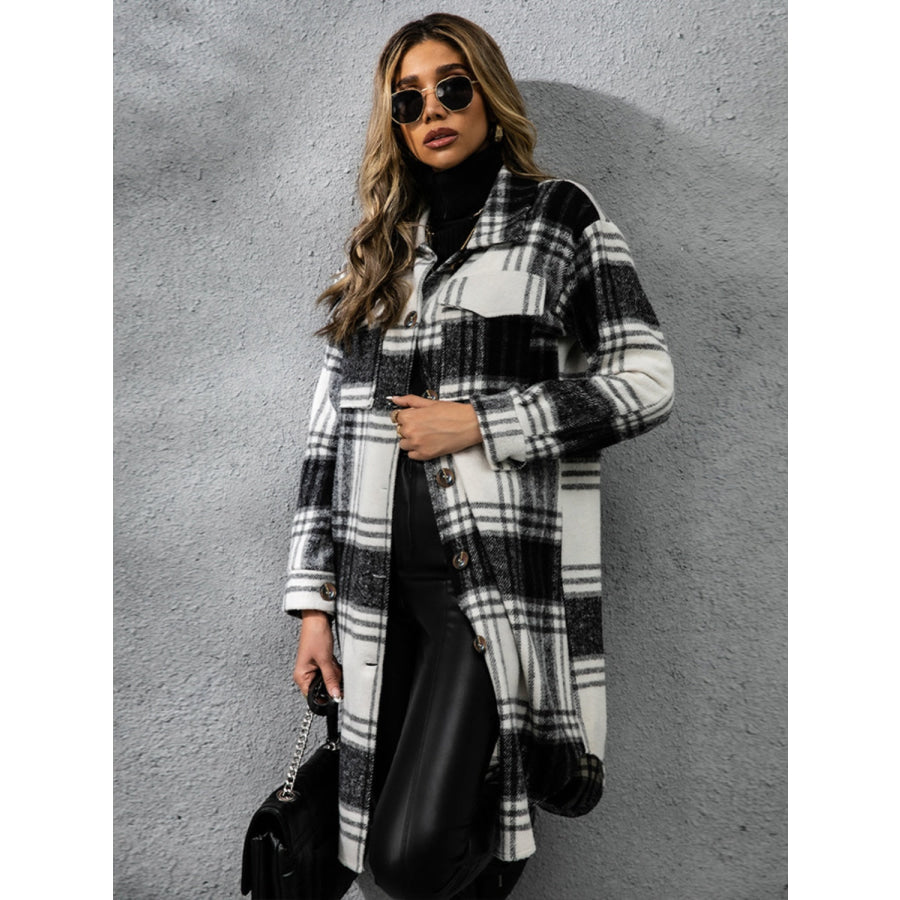 Plaid Collared Neck Long Sleeve Coat Apparel and Accessories