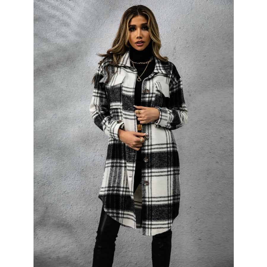 Plaid Collared Neck Long Sleeve Coat Black / S Apparel and Accessories