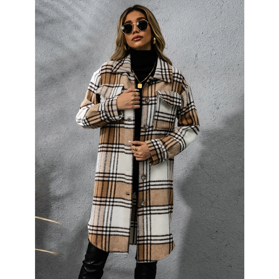 Plaid Collared Neck Long Sleeve Coat Camel / S Apparel and Accessories