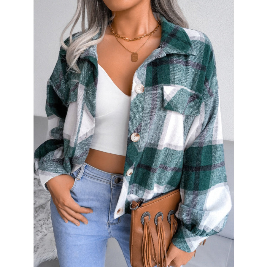 Plaid Collared Neck Long Sleeve Jacket Apparel and Accessories