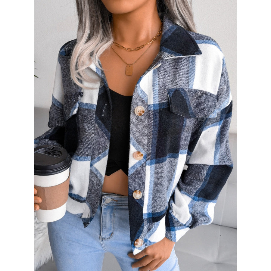 Plaid Collared Neck Long Sleeve Jacket Apparel and Accessories